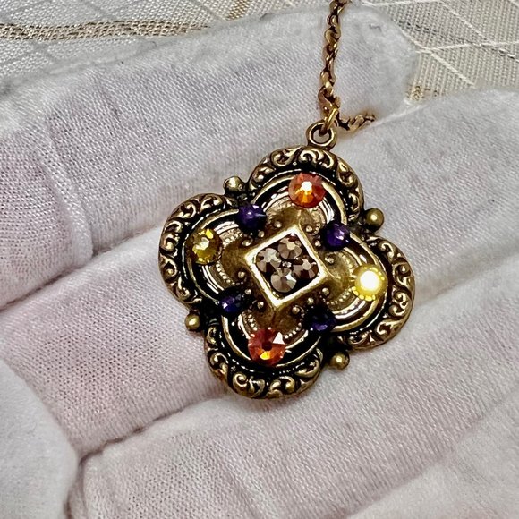 Ann Koplik Gaelsong Quatrefoil Crystal Pendant Necklace, VTG Irish Jewelry - Picture 11 of 12